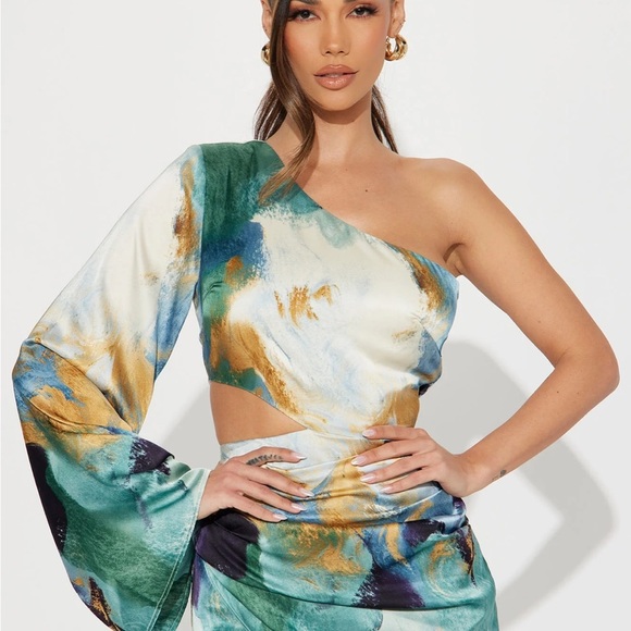 FASHION NOVA NWT Size M Gossip Girl Satin Midi Dress. Teal/combo - Picture 8 of 10